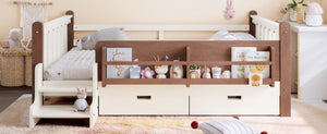 English Elm Twin Kids Platform Bed with Trundle Staircase Bookshelf and Rounded Safety Rails Beige W1580S00539