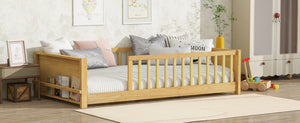 English Elm Twin Floor Platform Bed With Book Rack & Fence, Durable Natural Finish For Cozy Kids' Rooms W504P345766-GIGA