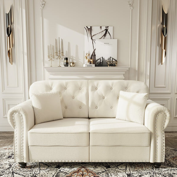English Elm 63"upholstered Velvet Loveseat with Tufted Back Nailhead Arms Chesterfield Living Room Beige White W1885S00379