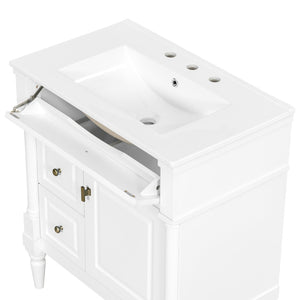 English Elm 30" Freestanding Bathroom Vanity Rubberwood Frame Ceramic Sink Flip Drawer Storage White N725P356062K