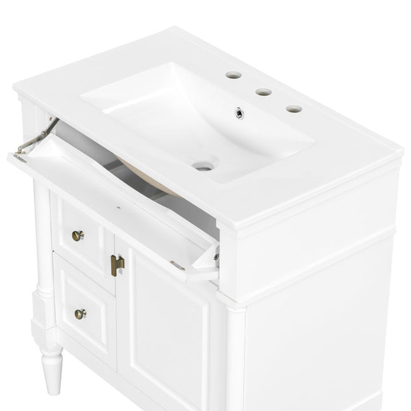 English Elm 30" Freestanding Bathroom Vanity Rubberwood Frame Ceramic Sink Flip Drawer Storage White N725P356062K