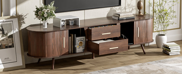 English Elm Mid-Century Solid Wood TV Stand for 80" TVs – Waterproof Finish, Sliding Doors & 2 Drawers Storage N710P257611P