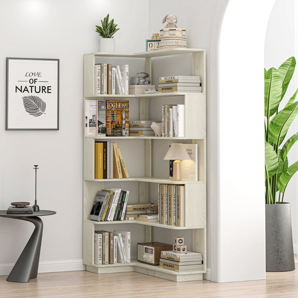 English Elm 90cm L-shaped Corner Bookshelf Five Tier Open Storage for Office Bedroom Living Room W2899P444148