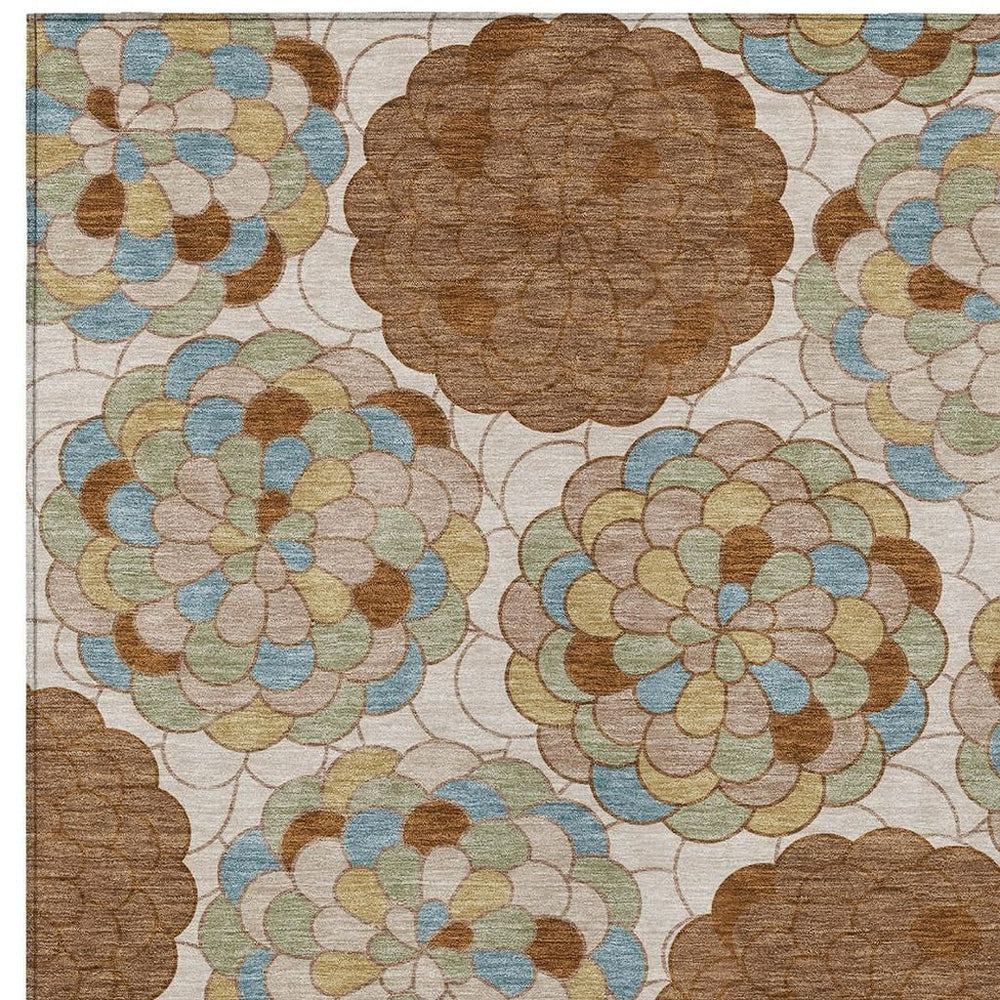 Floral Polyester Area Rug Washable Indoor Outdoor Low Pile for Patio or Living Room Decor