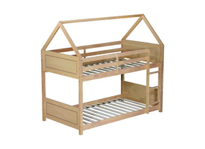 English Elm Twin House Floor Bunk Bed With Guardrails & Ladder - Solid Rubberwood, White Oak Finish, Ideal For Kids W504P227942-GIGA