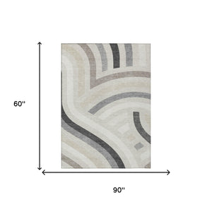 Abstract Washable Polyester Area Rug Low Pile for Indoor Outdoor Living Spaces Neutral Tones