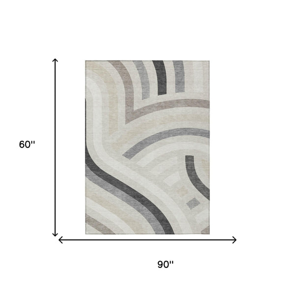 Abstract Washable Polyester Area Rug Low Pile for Indoor Outdoor Living Spaces Neutral Tones