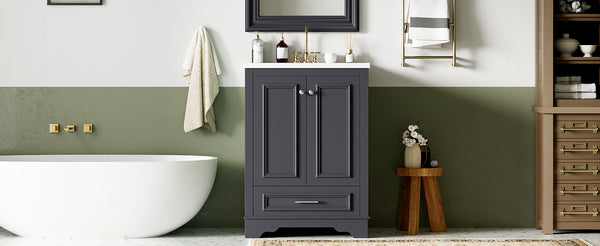 English Elm 24'' Bathroom Vanity with Ceramic Sink Combo Modern Freestanding MDF Cabinet with Soft-Close Doors and Sleek Silver Handles for Spacious Organized Bathroom Storage Blue Gray N710P194893C