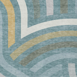 Abstract Teal Gold Washable Polyester Area Rug for Indoor Outdoor Patio and Living Room Spaces