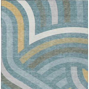 Abstract Teal Gold Washable Polyester Area Rug for Indoor Outdoor Patio and Living Room Spaces