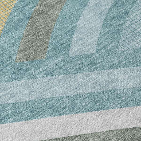 Abstract Teal Gold Washable Polyester Area Rug for Indoor Outdoor Patio and Living Room Spaces