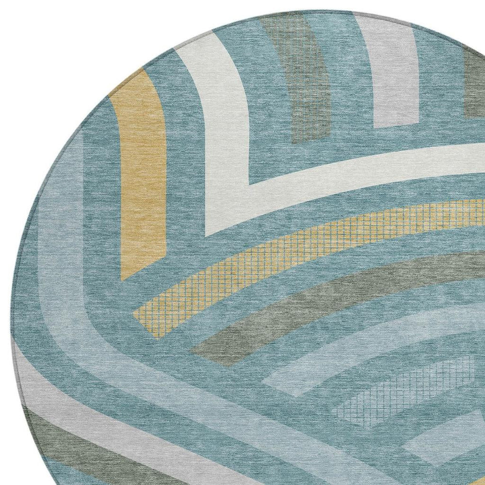 HomeRoots 8 Ft Round Teal Gold Abstract Polyester Area Rug Machine Washable for Patio or Foyer 726076