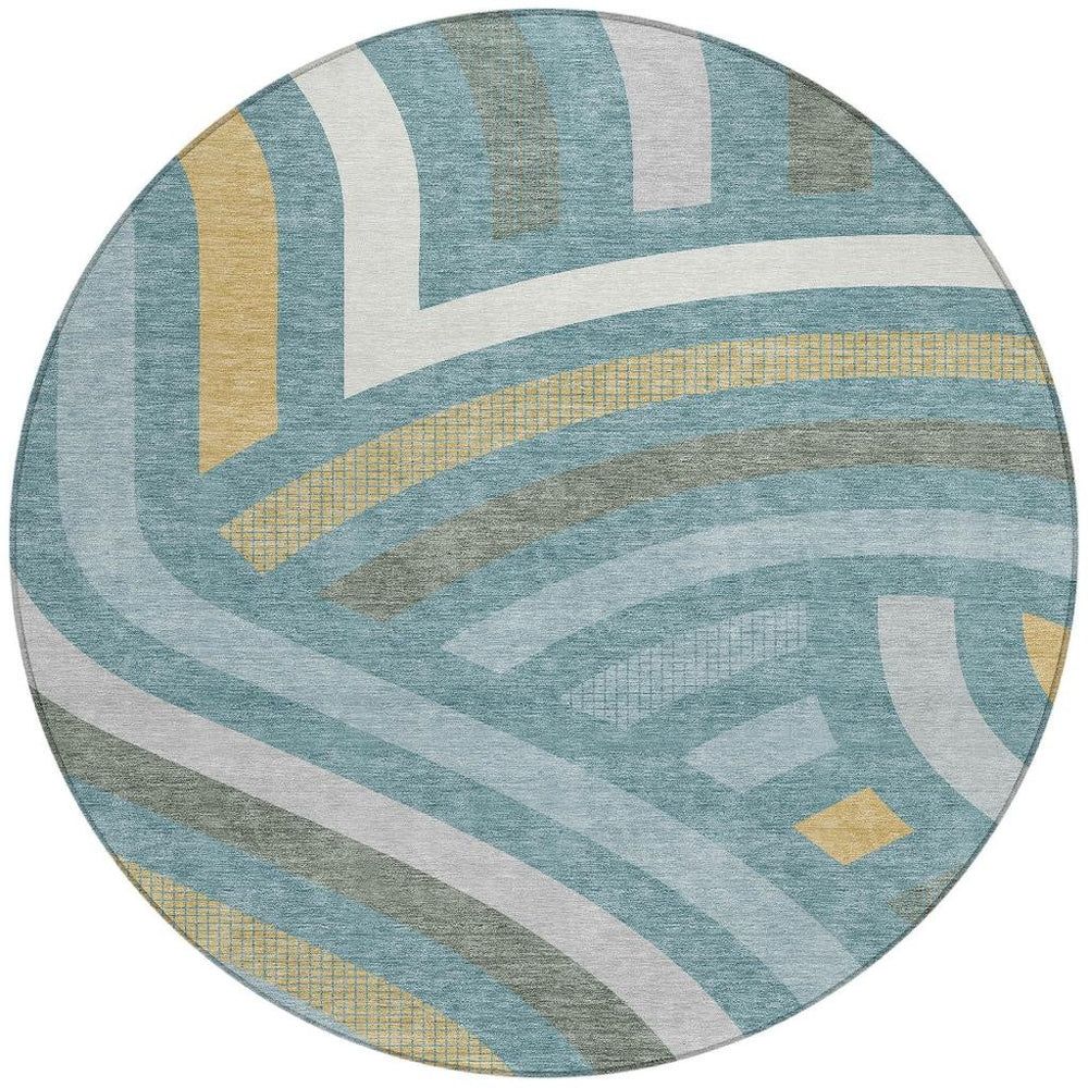 HomeRoots 8 Ft Round Teal Gold Abstract Polyester Area Rug Machine Washable for Patio or Foyer 726076