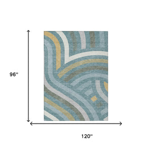 Abstract Teal Gold Washable Polyester Area Rug for Indoor Outdoor Patio and Living Room Spaces