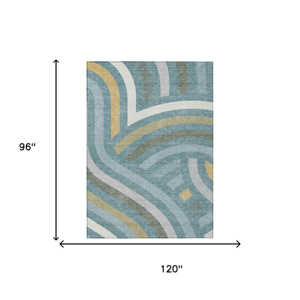 Abstract Teal Gold Washable Polyester Area Rug for Indoor Outdoor Patio and Living Room Spaces