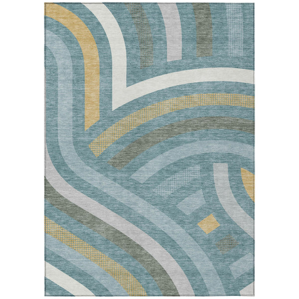 Abstract Teal Gold Washable Polyester Area Rug for Indoor Outdoor Patio and Living Room Spaces