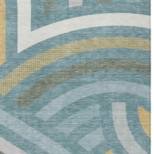 Abstract Teal Gold Washable Polyester Area Rug for Indoor Outdoor Patio and Living Room Spaces