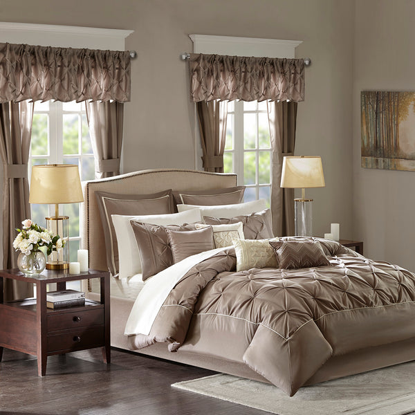 JLA Home Madison Park Essentials - 24 Madison Park Essentials Joella 24-Piece Room in a Bag Tufted Comforter Set with Sheets, Valances, Pillows and Panels Taupe MPE10-477