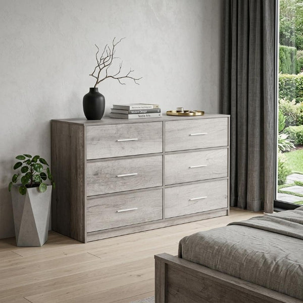 45 Inch Six Drawer Double Dresser with Fabric Wood and Steel Frame for Bedroom Storage