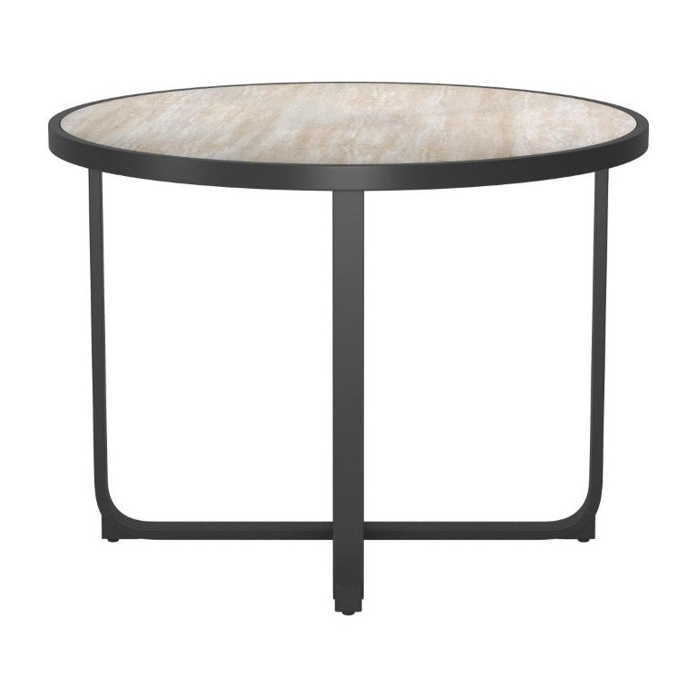 HomeRoots 42 Inch Round Glass Top Dining Table with Sleek Aluminum Cross Leg Base in Black 726107