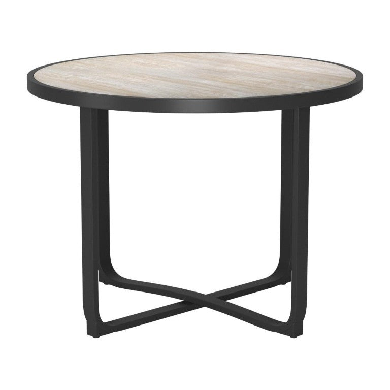 HomeRoots 42 Inch Round Glass Top Dining Table with Sleek Aluminum Cross Leg Base in Black 726107