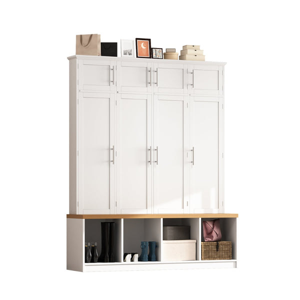 English Elm Wood Entryway Hall Tree with Bench Seating Coat Hooks Shoe Cubbies Cabinet White W5271S00004