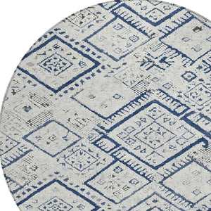 HomeRoots 8 Ft Round Washable Polyester Rug Ivory Navy Geometric Pattern Indoor Outdoor 726205