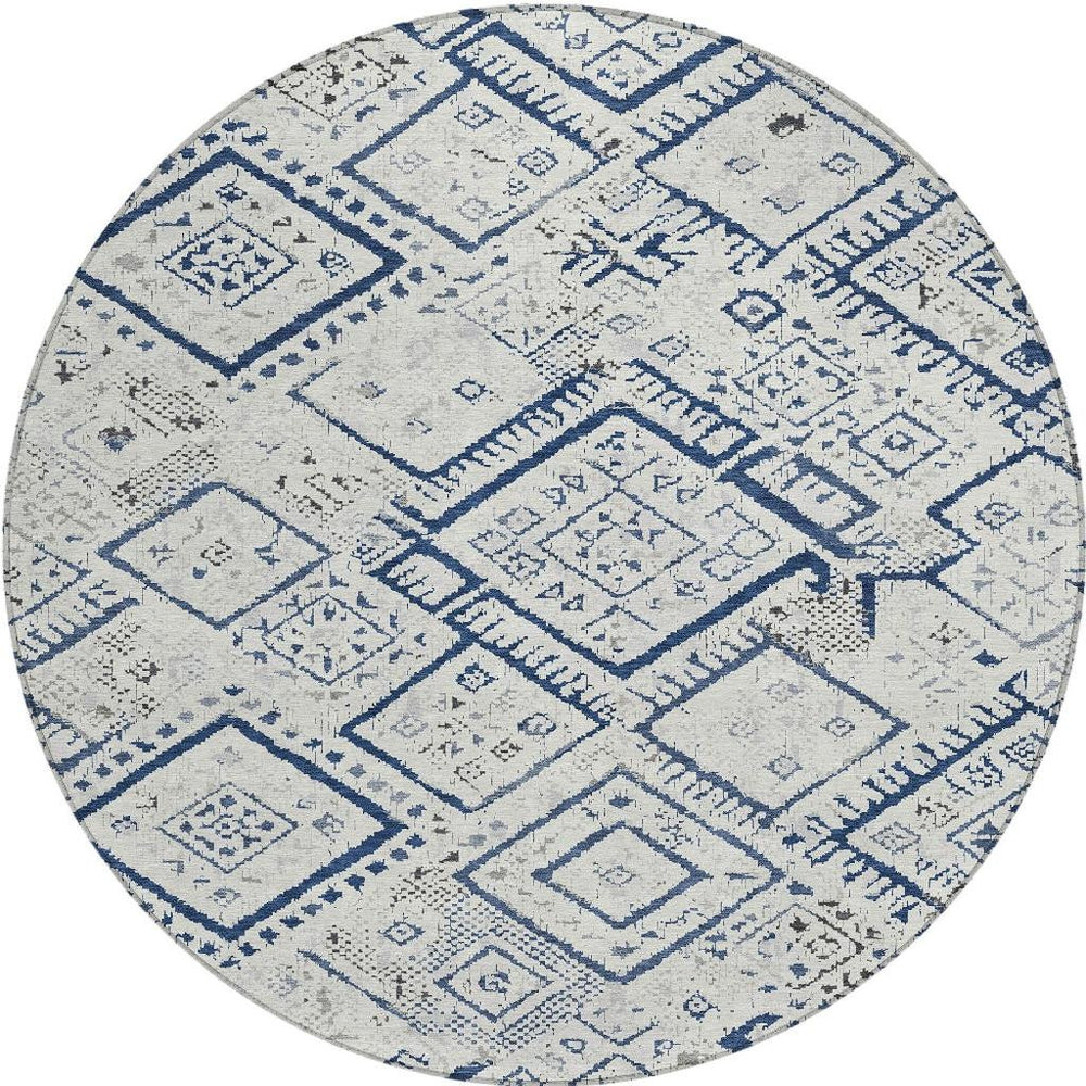 HomeRoots 8 Ft Round Washable Polyester Rug Ivory Navy Geometric Pattern Indoor Outdoor 726205