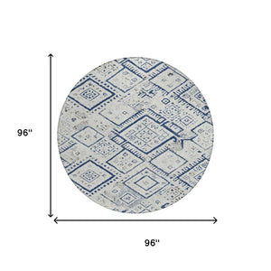 8 Ft Round Washable Polyester Rug Ivory Navy Geometric Pattern Indoor Outdoor