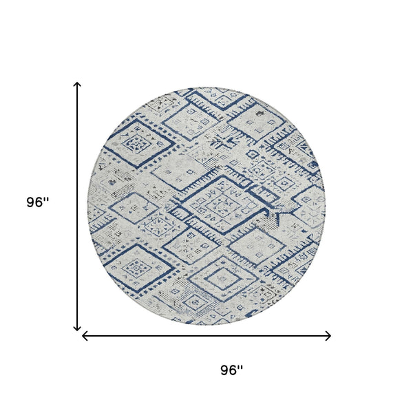 8 Ft Round Washable Polyester Rug Ivory Navy Geometric Pattern Indoor Outdoor
