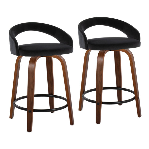 English Elm Fixed-height Velvet Swivel Counterstools with Walnut Bentwood Legs for Kitchen Islands B202S01759