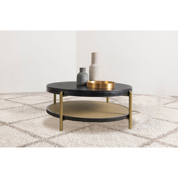 English Elm Benson Round Coffee Table with Rattan Shelf Brass Legs and Bold Matte Finish Black B062P440113
