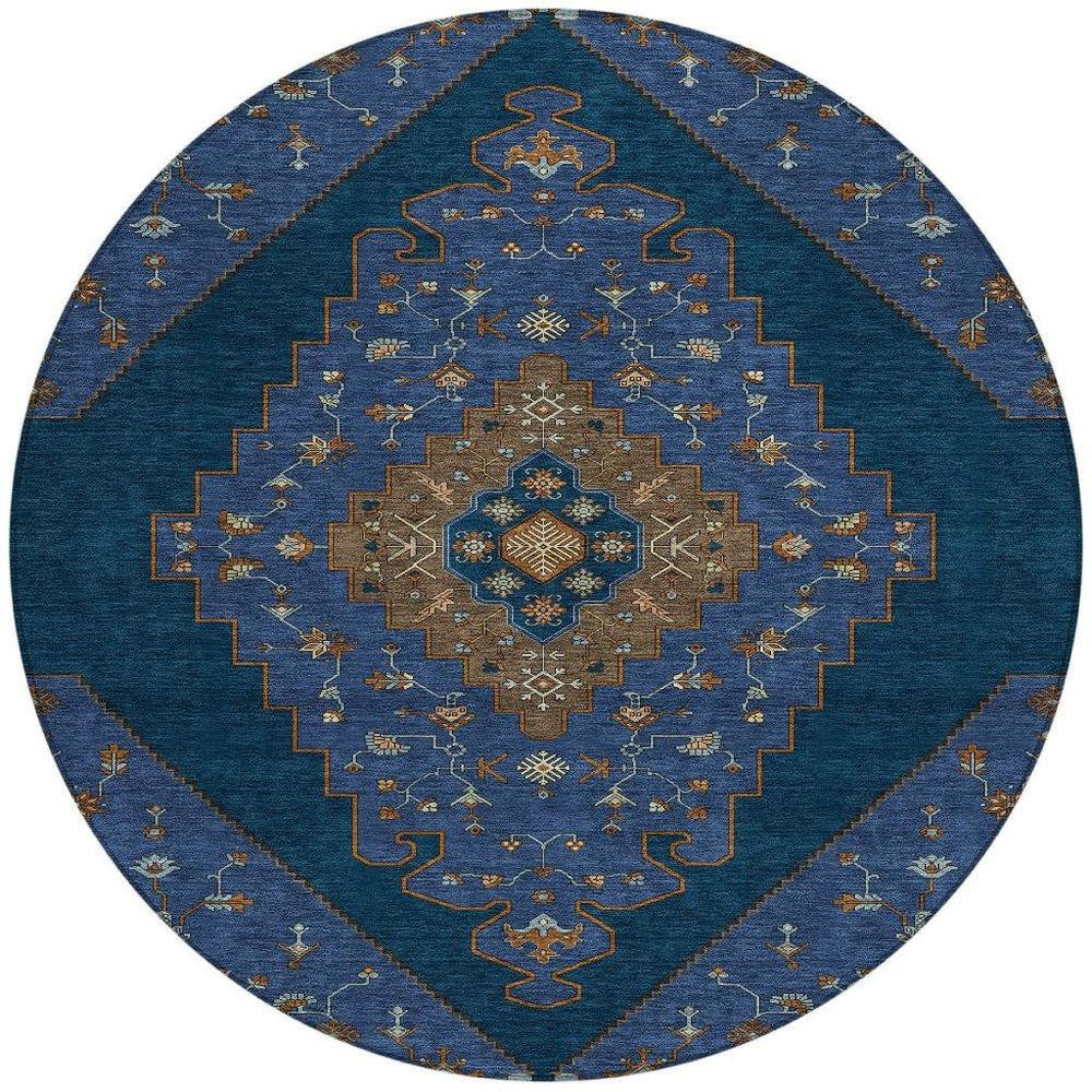 HomeRoots 8 Ft Round Geometric Polyester Rug Washable Indoor Outdoor Navy Teal Pattern 726319