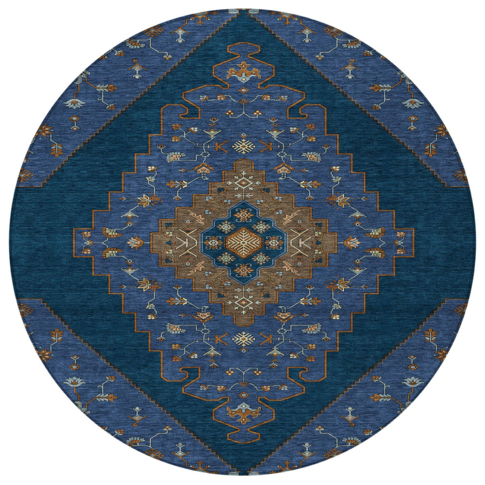 HomeRoots 8 Ft Round Geometric Polyester Rug Washable Indoor Outdoor Navy Teal Pattern 726319