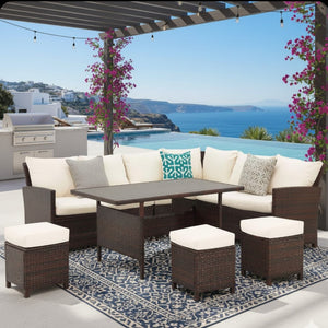 English Elm 7 Piece Outdoor Wicker Dining Set Modular Sectional Sofa Ottomans and Patio Table Ivory B082S00075