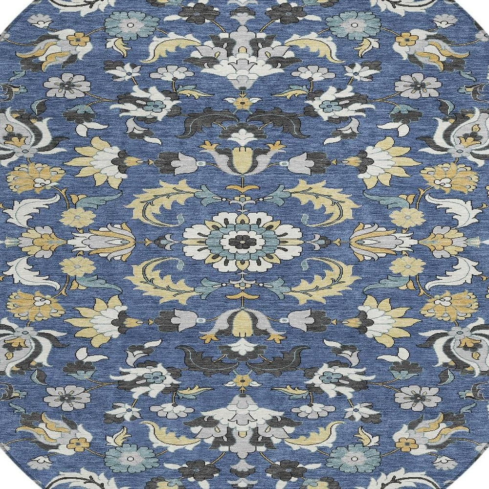 8 Ft Round Floral Medallion Indoor Outdoor Rug Washable Polyester Navy Wheat