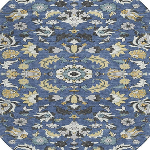 8 Ft Round Floral Medallion Indoor Outdoor Rug Washable Polyester Navy Wheat