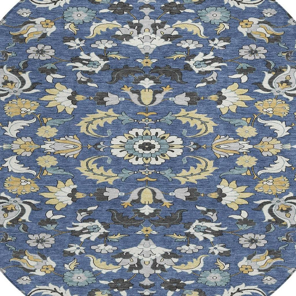 8 Ft Round Floral Medallion Indoor Outdoor Rug Washable Polyester Navy Wheat