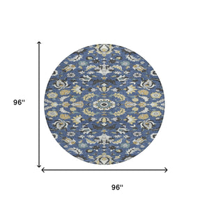 8 Ft Round Floral Medallion Indoor Outdoor Rug Washable Polyester Navy Wheat