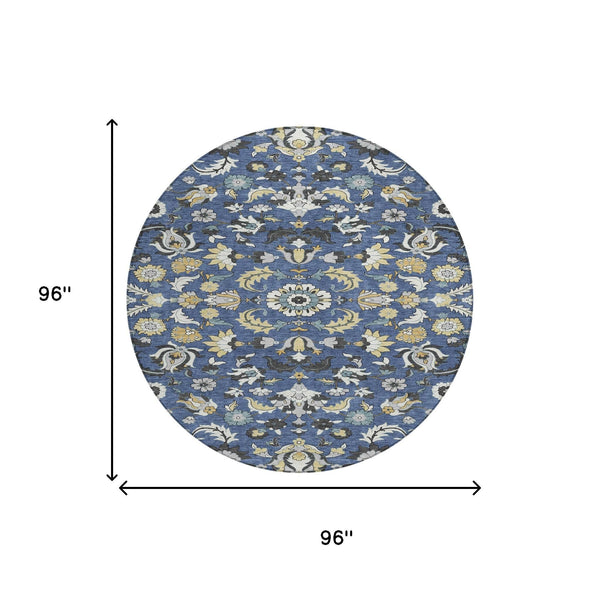 8 Ft Round Floral Medallion Indoor Outdoor Rug Washable Polyester Navy Wheat