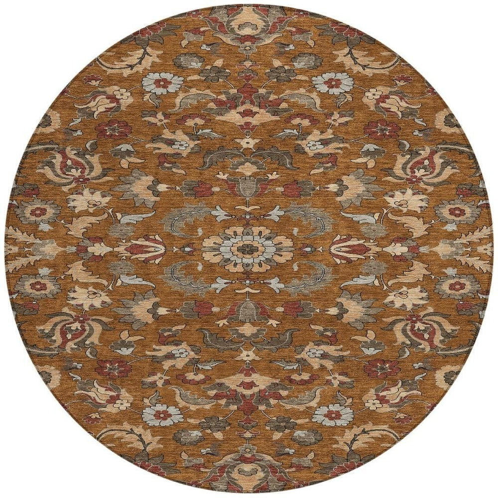 HomeRoots 8 Ft Round Floral Medallion Polyester Rug Washable Indoor Outdoor Patio Decor 726373
