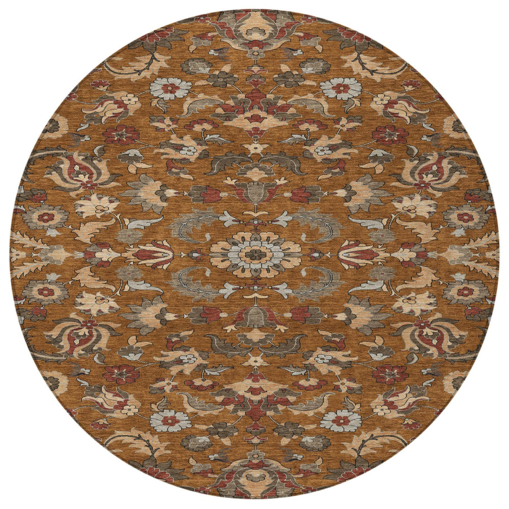 HomeRoots 8 Ft Round Floral Medallion Polyester Rug Washable Indoor Outdoor Patio Decor 726373