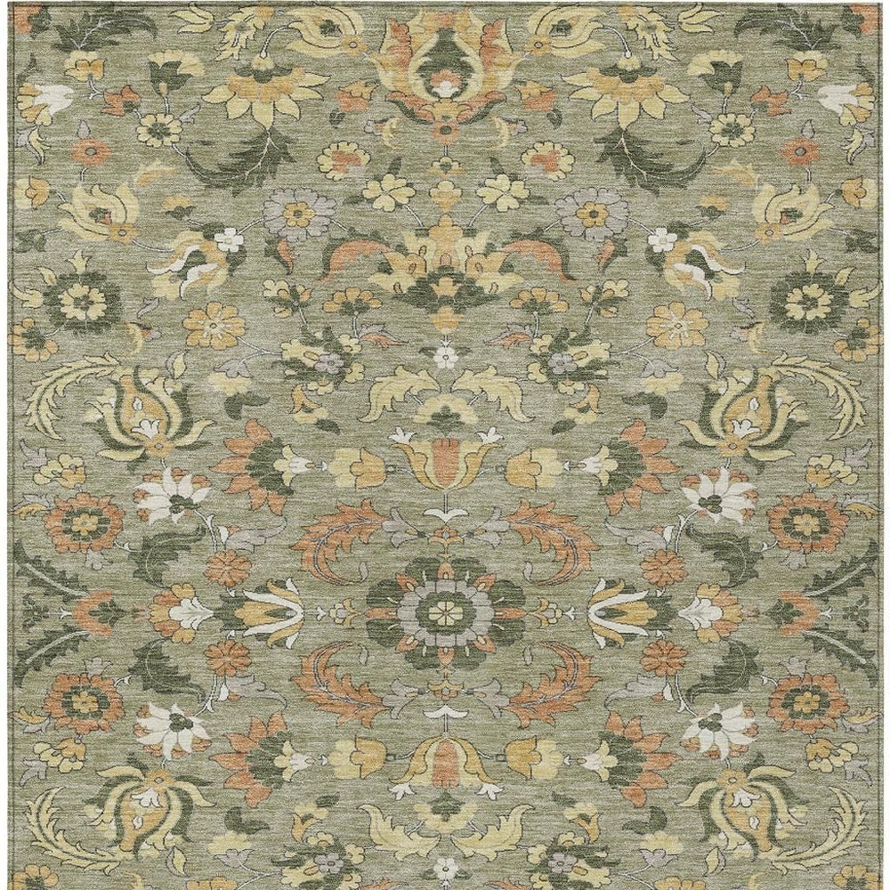 HomeRoots Floral Medallion Washable Polyester Area Rug for Indoor Outdoor Sage Olive Living Spaces 5' x 8' 726378