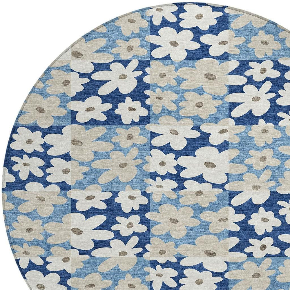 HomeRoots 8 Ft Round Floral Indoor Outdoor Rug Washable Navy Blue Polyester Patio Foyer 726475