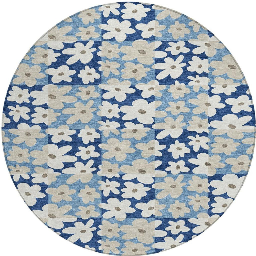 HomeRoots 8 Ft Round Floral Indoor Outdoor Rug Washable Navy Blue Polyester Patio Foyer 726475