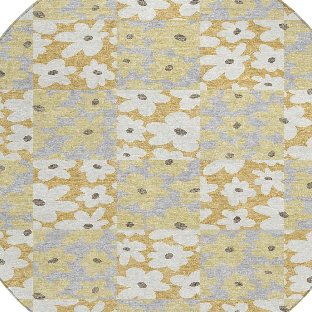 HomeRoots 8 Foot Round Floral Polyester Area Rug in Gold Ivory for Indoor Outdoor Spaces 726487
