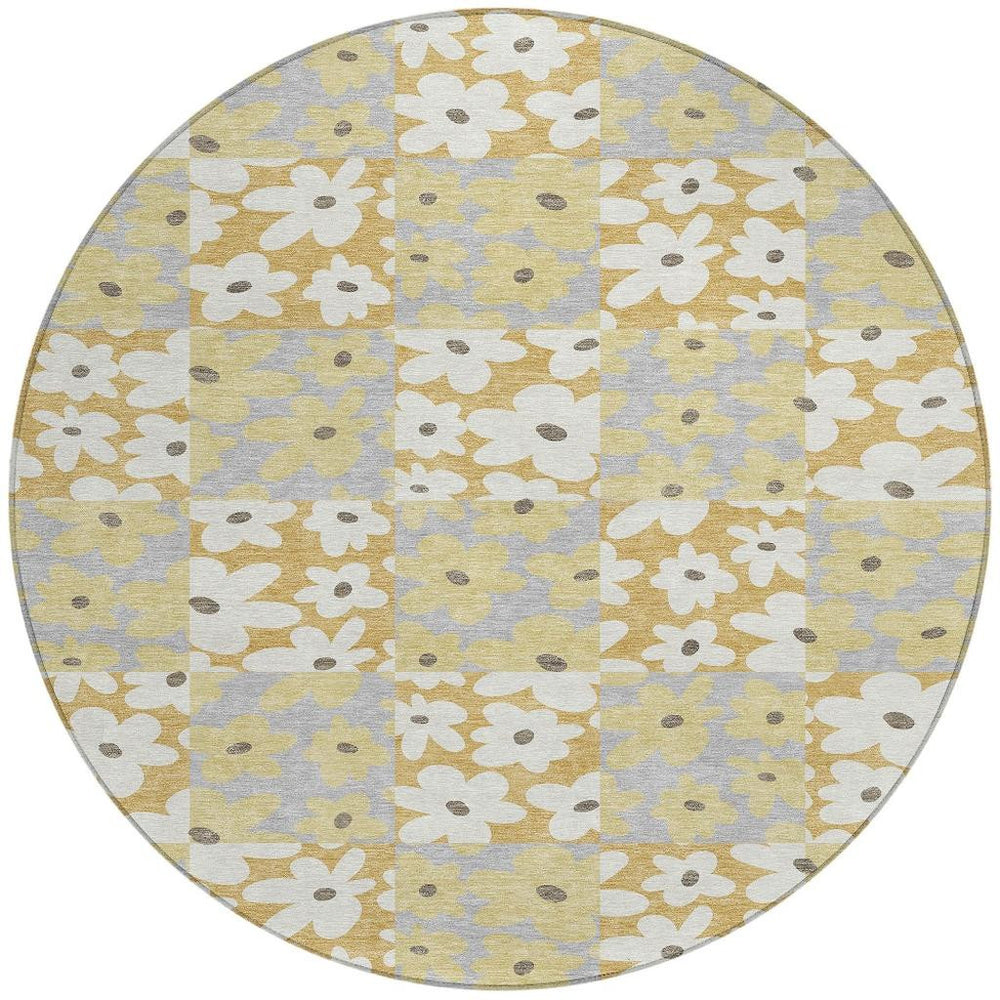 HomeRoots 8 Foot Round Floral Polyester Area Rug in Gold Ivory for Indoor Outdoor Spaces 726487