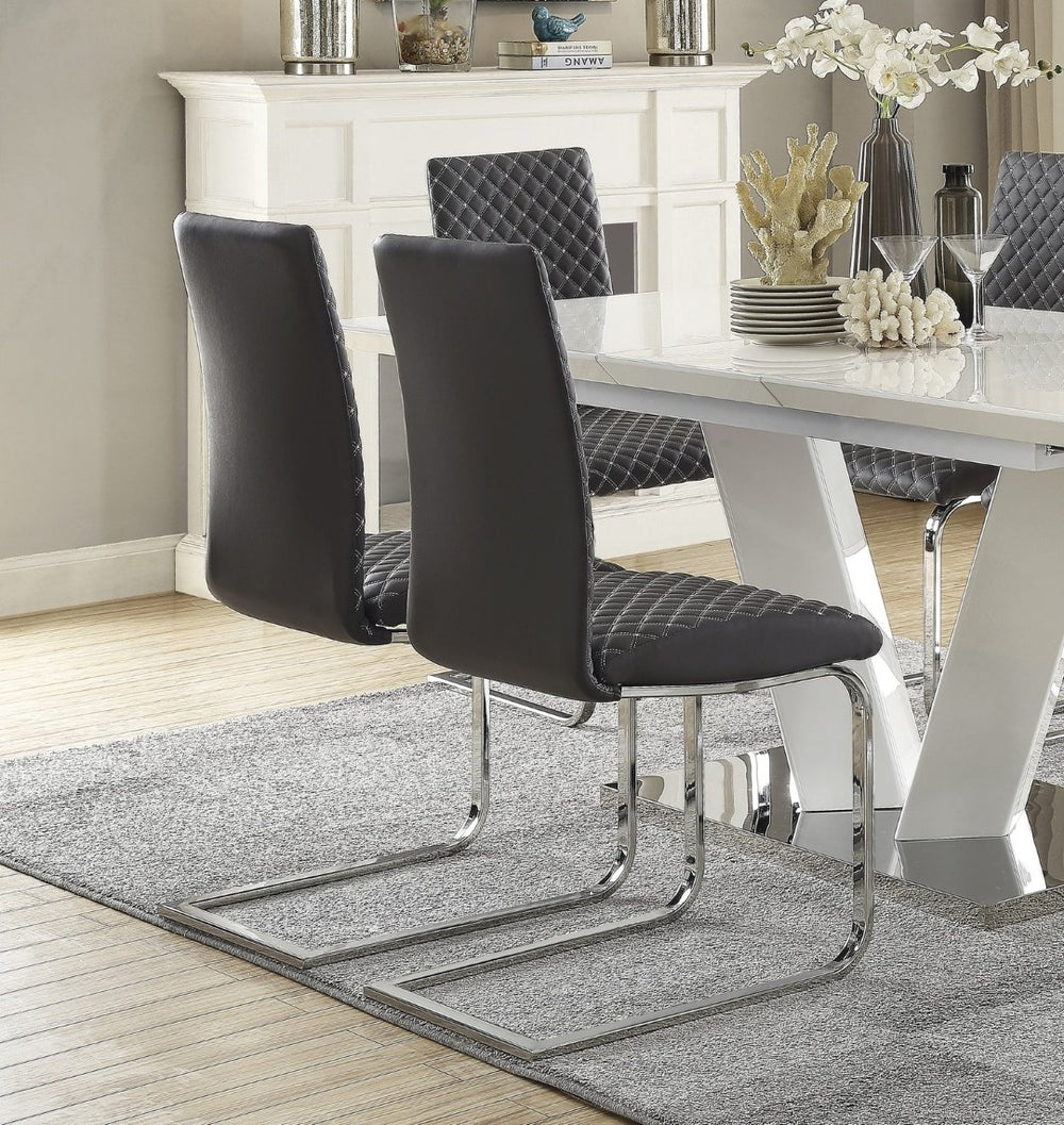 English Elm Modern High Gloss White Extendable Dining Set Six Chairs Gray Faux Leather Diamond Stitched B011S01212