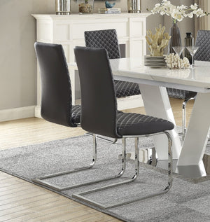 English Elm Modern High Gloss White Extendable Dining Set Six Chairs Gray Faux Leather Diamond Stitched B011S01212