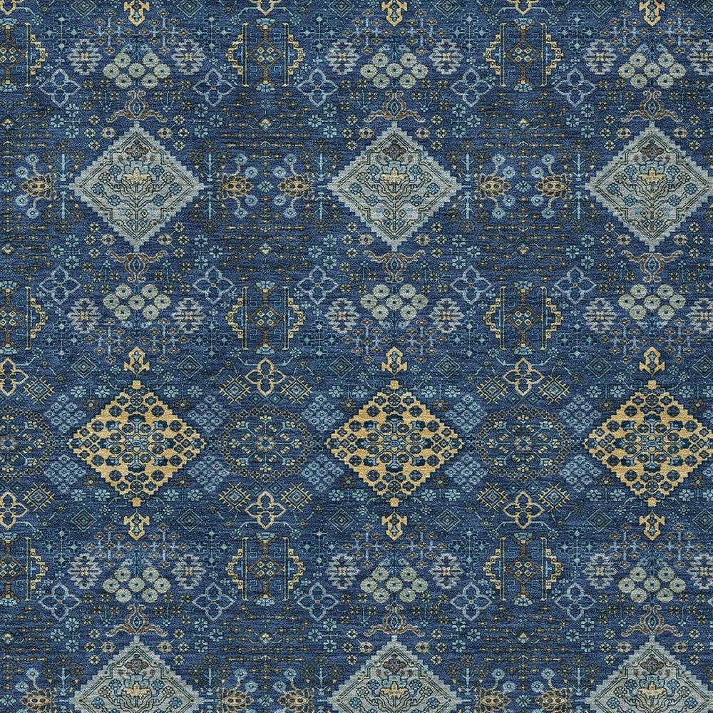 HomeRoots Geometric Polyester Area Rug Washable Indoor Outdoor Low Pile Navy Gold Modern Style 8' x 10' 726548